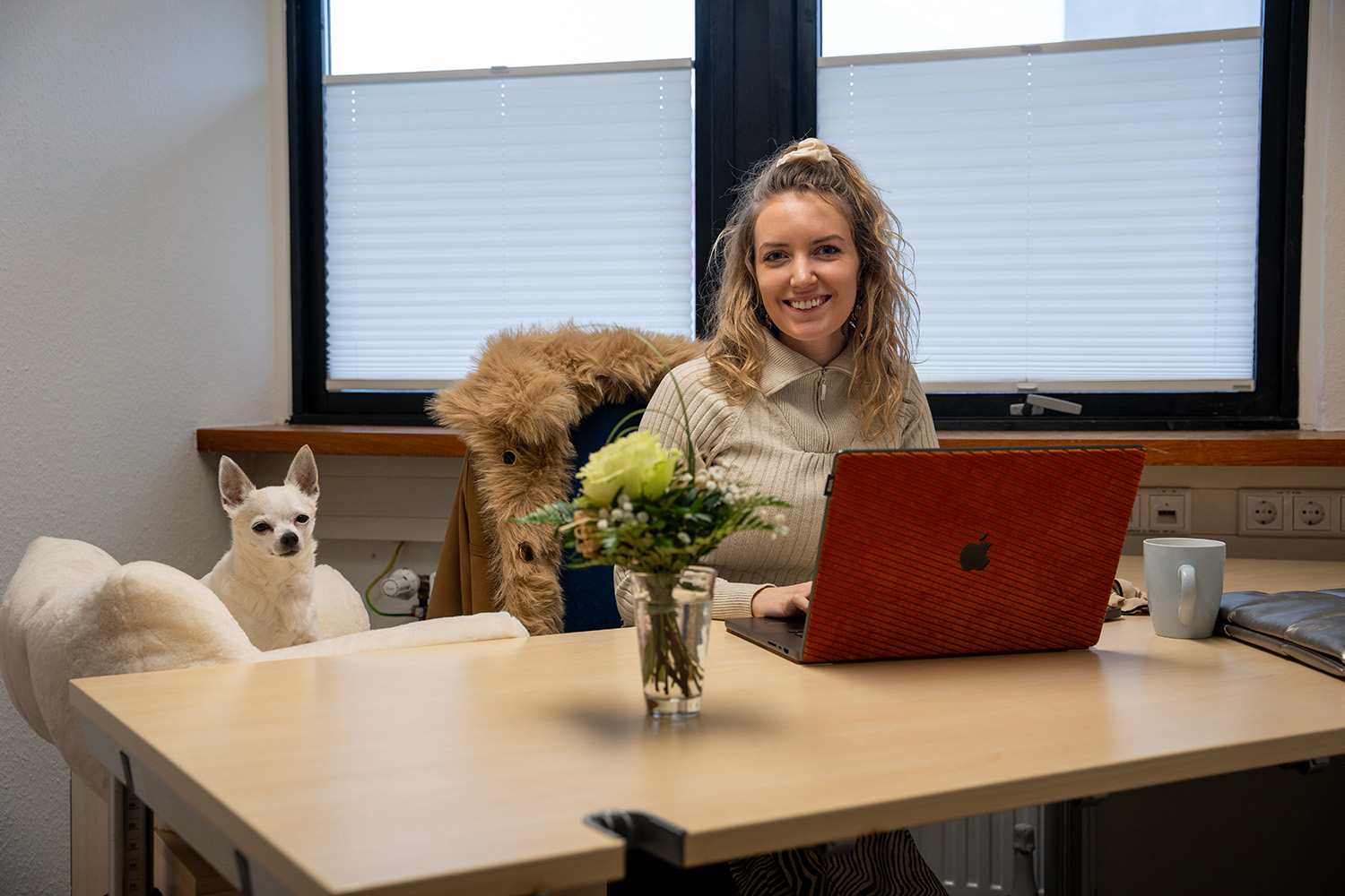 Jule Asmussen im Büro mit Laptop und Hund Chico